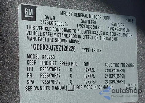 2009 Chevrolet Silverado 1500 Lt z USA, uszkodzony, nr VIN 1GCEK29J79Z126226